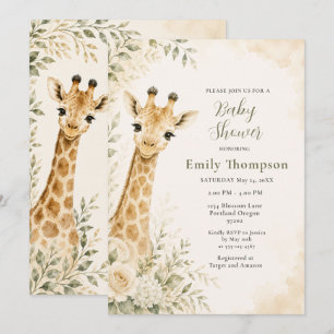 Invitación Bebé jirafa al aguarela Baby Shower Verde