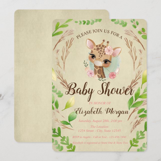 Invitación Bebé jirafa lindo, hojas (Anverso / Reverso)