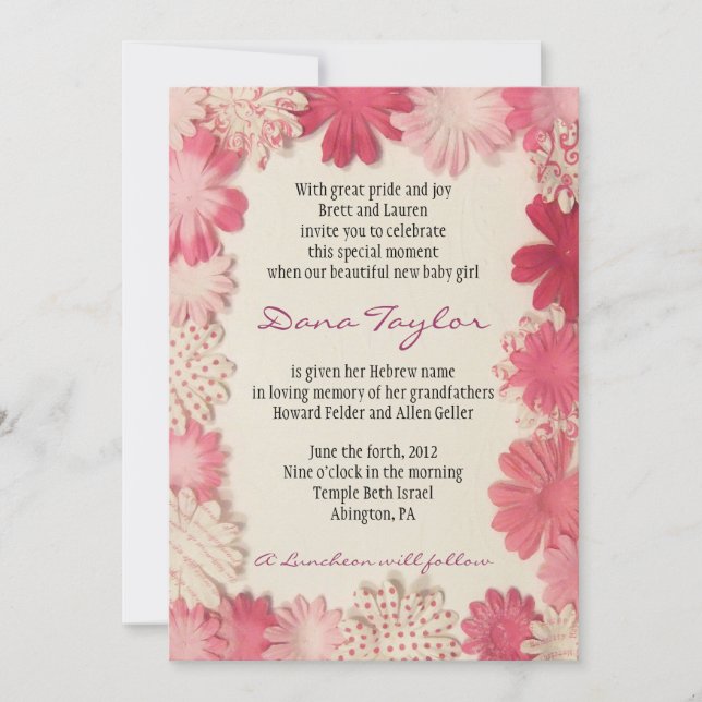 Invitación Bebé judío de las flores de papel que nombra (Anverso)