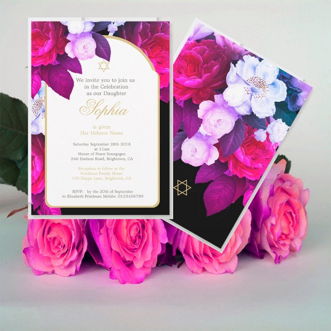 Invitación Bebé judío Naming Floral Purple Black Gold (Subido por el creador)