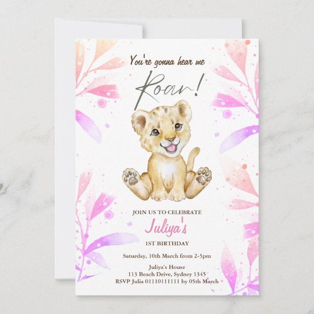 Invitación Bebé león Niña Roar Primer cumpleaños (Anverso)