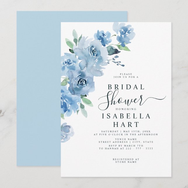 Invitación Bebé ligero Azul Botánico Floral Bridal Ducha (Anverso / Reverso)