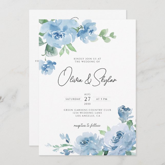 Invitación Bebé Ligero Azul QR Botánico Todo En Un Boda (Anverso / Reverso)