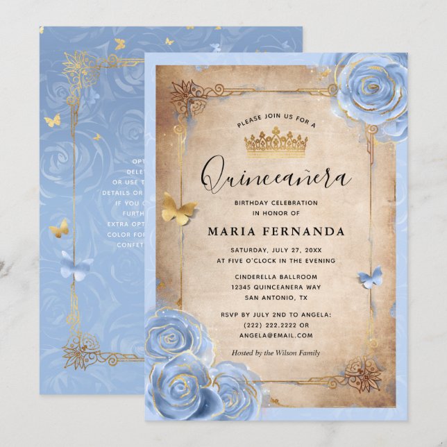 Invitación Bebé ligero azul y Rosa de oro elegante Quinceaner (Anverso / Reverso)
