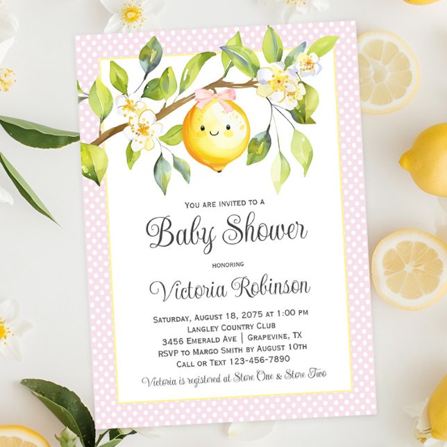 Invitación Bebé Limón Niña Amarillo Rosa Baby Shower (Cute pink and yellow baby girl lemon baby shower invitation. Simply add your event details.)