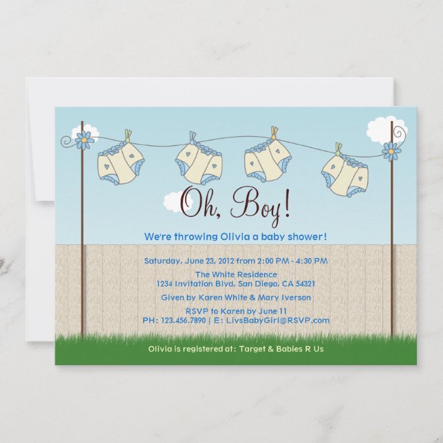Invitación Bebé lindo Baby Shower de la cuerda para tender la (Anverso)