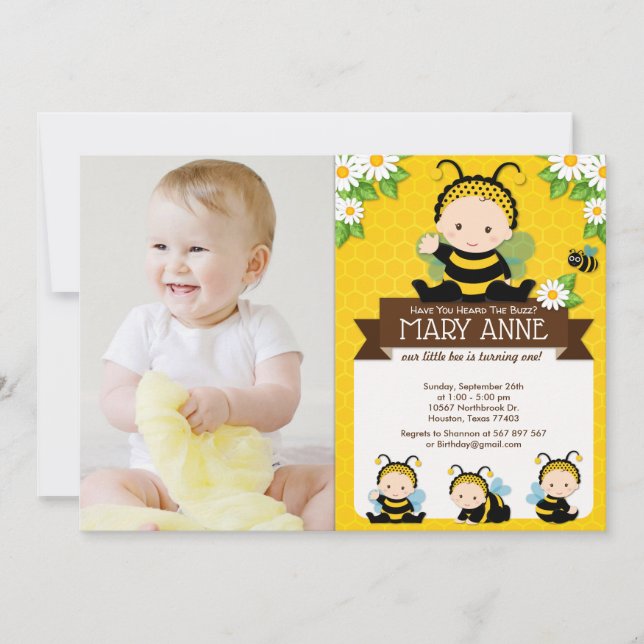 Invitación Bebé lindo Bumble Abeja Miel Abeja Primer Día Foto (Anverso)