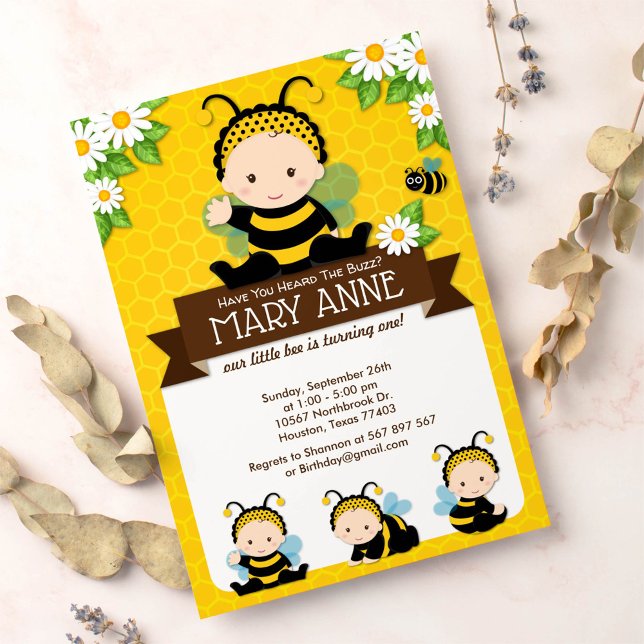 Invitación Bebé lindo Bumble Abeja Miel primer cumpleaños (Subido por el creador)