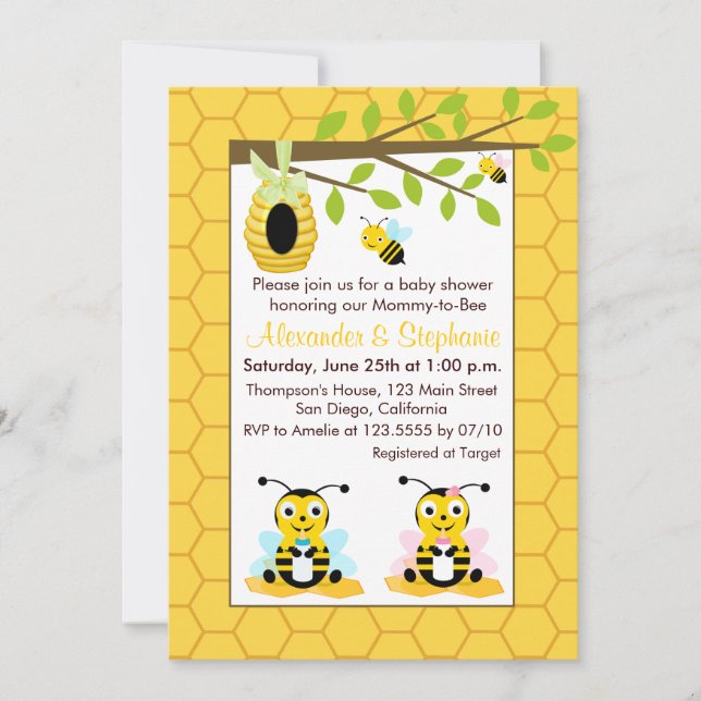 Invitación Bebé lindo Bumblebee Chicas gemelos Baby Shower (Anverso)