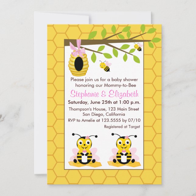 Invitación Bebé lindo Bumblebee Twin Gir Baby Shower (Anverso)