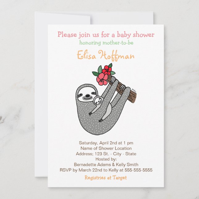 Invitación Bebé lindo de la mamá de la pereza de la (Anverso)