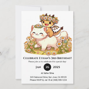 Invitación Bebé lindo dragón montando un gato blanco cumpleañ
