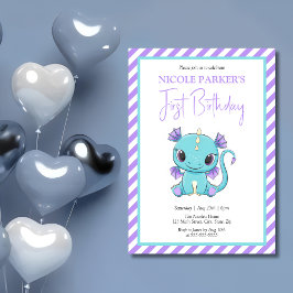 Invitación Bebé lindo Dragón Rayas púrpuras Primer cumpleaños