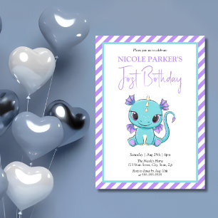 Invitación Bebé lindo Dragón Rayas púrpuras Primer cumpleaños