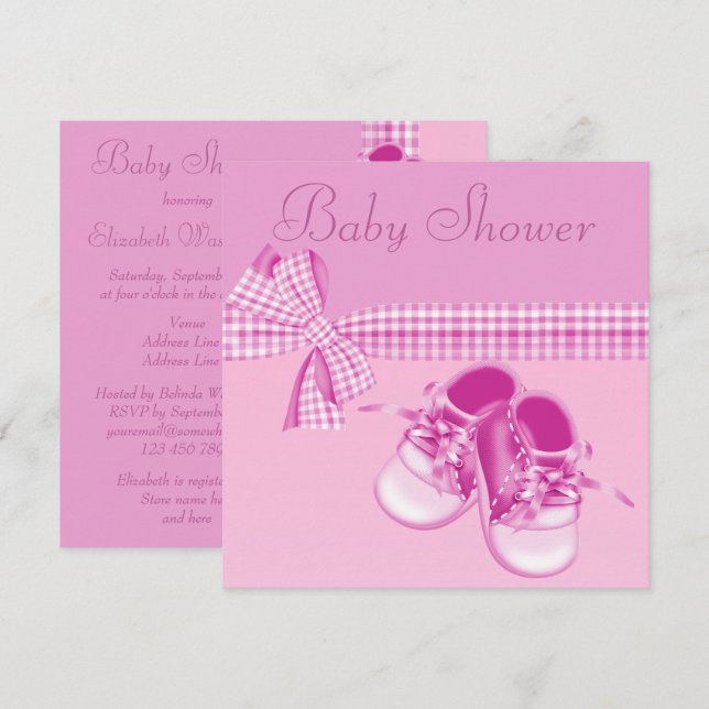 Invitación Bebé lindo ducha zapatos rosados y cinta elegante (Anverso / Reverso)