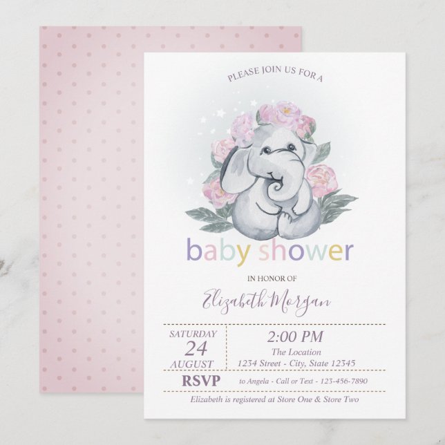Invitación Bebé lindo Elefante Flores Polka Dots Baby Shower (Anverso / Reverso)