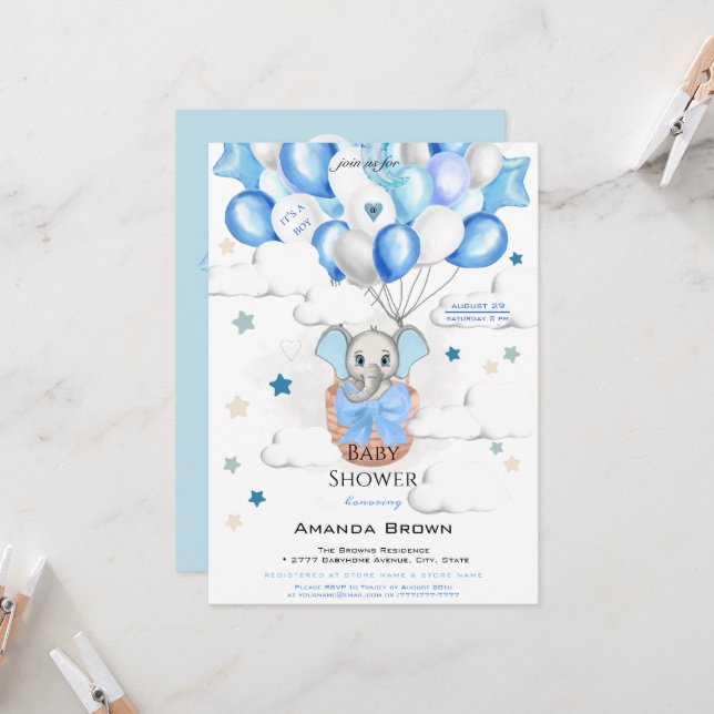 Invitación Bebé lindo elefante globo cesto niño Baby Shower (Anverso/Reverso In Situ)