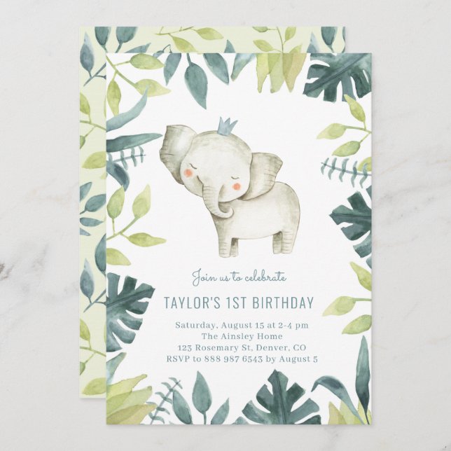 Invitación Bebé lindo elefante príncipe selva tropical cumple (Anverso / Reverso)