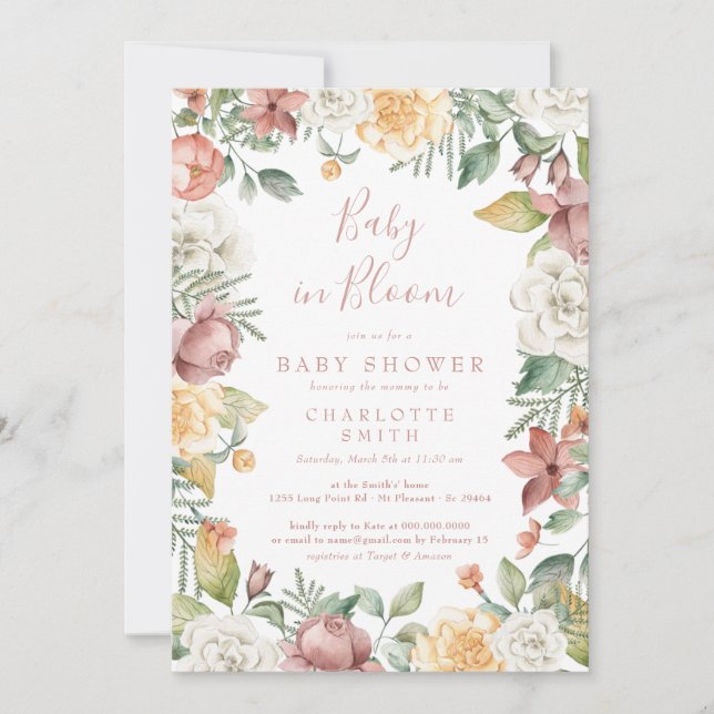 Invitación Bebé lindo en Chica floral de sangre Baby Shower B (Anverso)