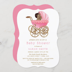 Invitación Bebé lindo en Stroller Pram Pink Baby Shower v2