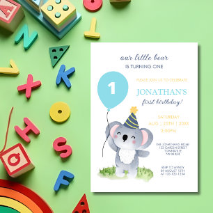 Invitación Bebé lindo Fiesta de globo Koala Gorra Cumpleaños