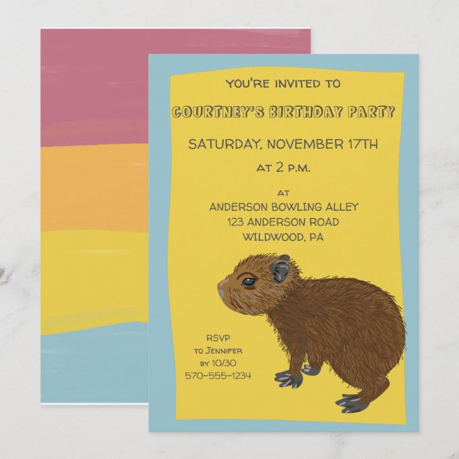 Invitación Bebé lindo Fiesta de Ilustracion Capybara (Anverso / Reverso)