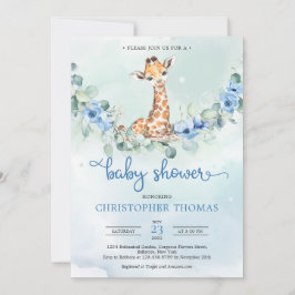 Invitación Bebé lindo girafa flores azules eucalipto niño beb