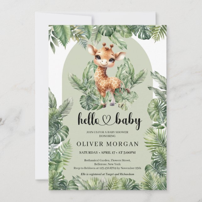 Invitación Bebé lindo Giraffe Agua color verde tropical (Anverso)