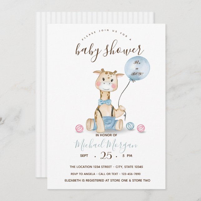 Invitación Bebé lindo jirafa globo estriba Baby Shower (Anverso / Reverso)