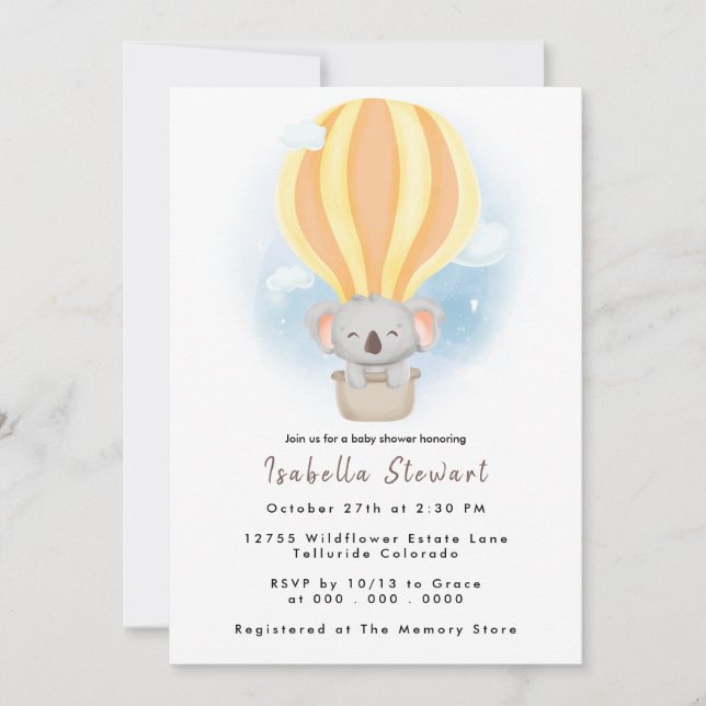 Invitación Bebé lindo Koala Balloon Safari Baby Shower (Anverso)