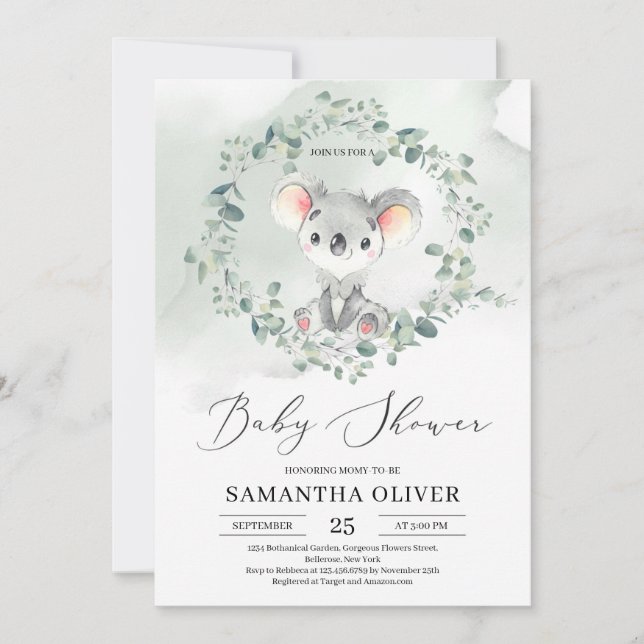 Invitación Bebé lindo koala verde eucalipto Baby Shower (Anverso)