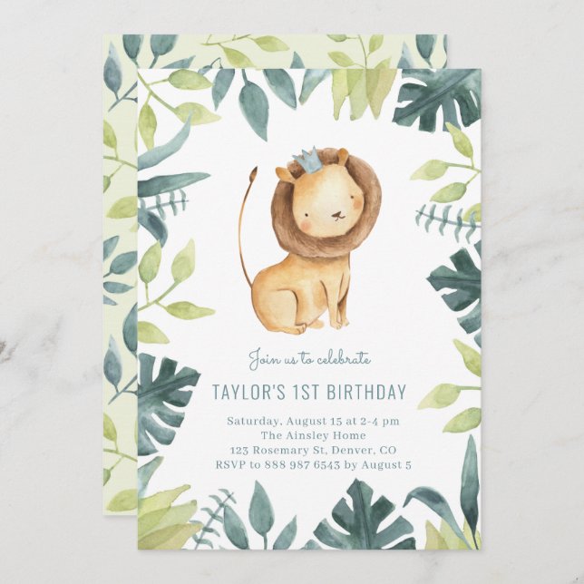 Invitación Bebé lindo León Príncipe Selva Tropical Cumpleaños (Anverso / Reverso)