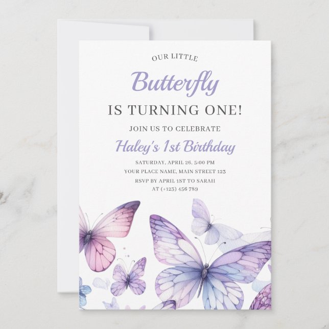 Invitación Bebé lindo Niña Mariposa Púrpura Niños Primer Cump (Anverso)