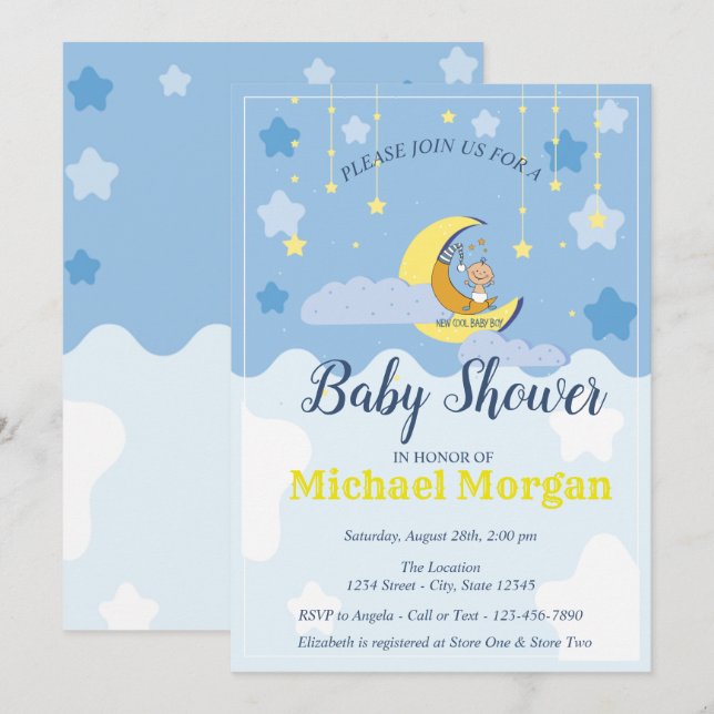 Invitación Bebé lindo niño, Luna, Estrellas (Anverso / Reverso)