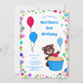 Invitación Bebé lindo Oso Cupcake Balón azul Cumpleaños