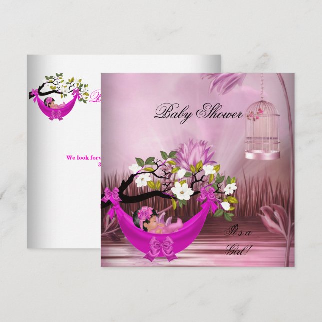 Invitación Bebé lindo para ducha de bebé niña, hamaca rosa ca (Anverso / Reverso)