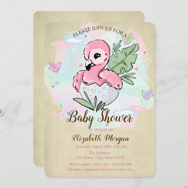 Invitación Bebé lindo Rosa Flamingo Butterflies Baby Shower (Anverso / Reverso)