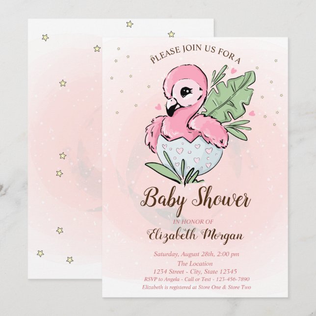 Invitación Bebé lindo Rosa Flamingo Stars Baby Shower (Anverso / Reverso)