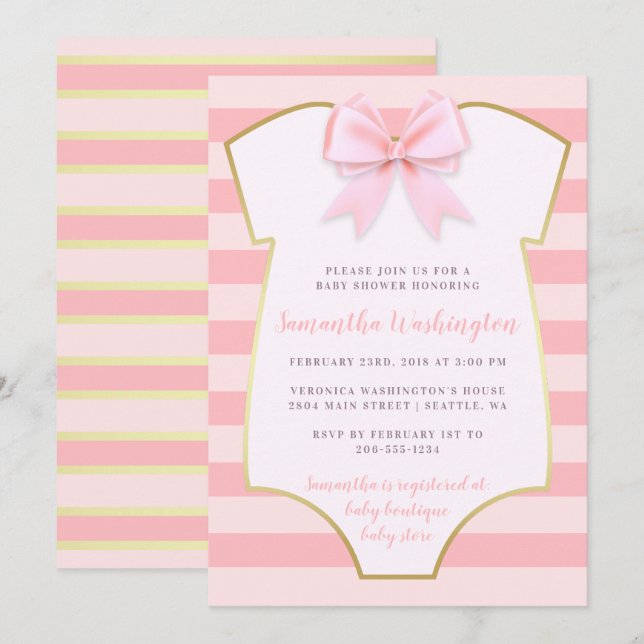 Invitación Bebé lindo Rubor Bow rosado y Baby Shower dorado (Anverso / Reverso)