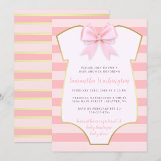 Invitación Bebé lindo Rubor Bow rosado y Baby Shower dorado