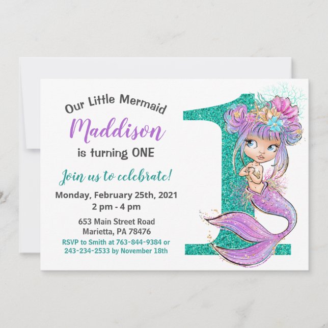Invitación Bebé lindo sirena primer cumpleaños (Anverso)