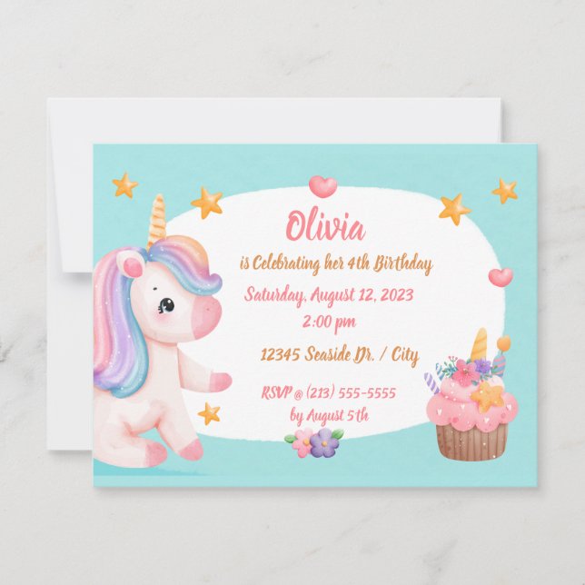 Invitación Bebé lindo unicornio Pastel pastel de arcoiris Cum (Anverso)