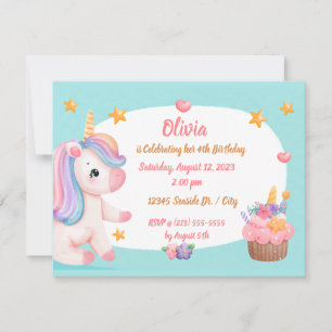 Invitación Bebé lindo unicornio Pastel pastel de arcoiris Cum
