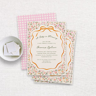 Invitación Bebé Lluvia de Flores Rosadas y Lazo Naranja