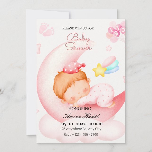 Invitación Bebé Luna Rosa Adorable (Anverso)