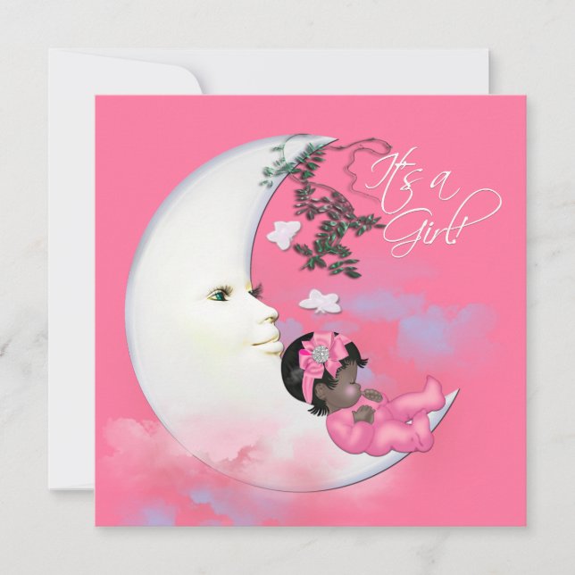 Invitación Bebé Luna Rosa Adorable Ducha de Niña (Anverso)
