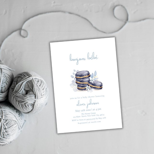 Invitación Bébé Macaron Baby Shower (French Floral Bonjour Bébé Macaron Baby Shower Invitation)