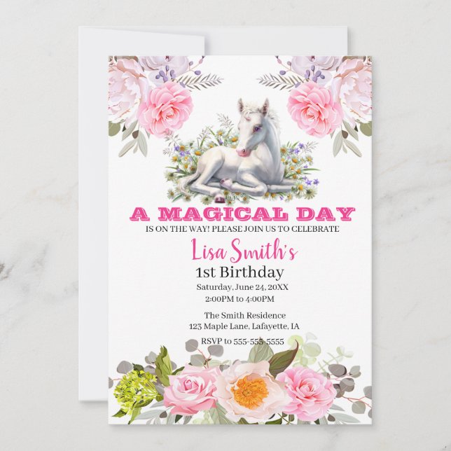 Invitación Bebé mágico lindo Unicornio primer cumpleaños (Anverso)