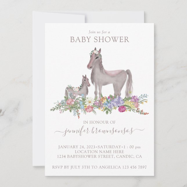 Invitación Bebé Mamá Caballo Floral (Anverso)