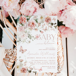 Invitación Bebé mariposa en Baby Shower floral rosa en flor